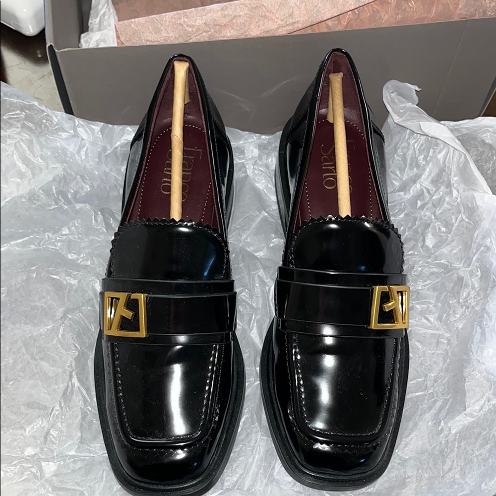❤️Franco Sarto Glossy Black Mules with Gold Buckle